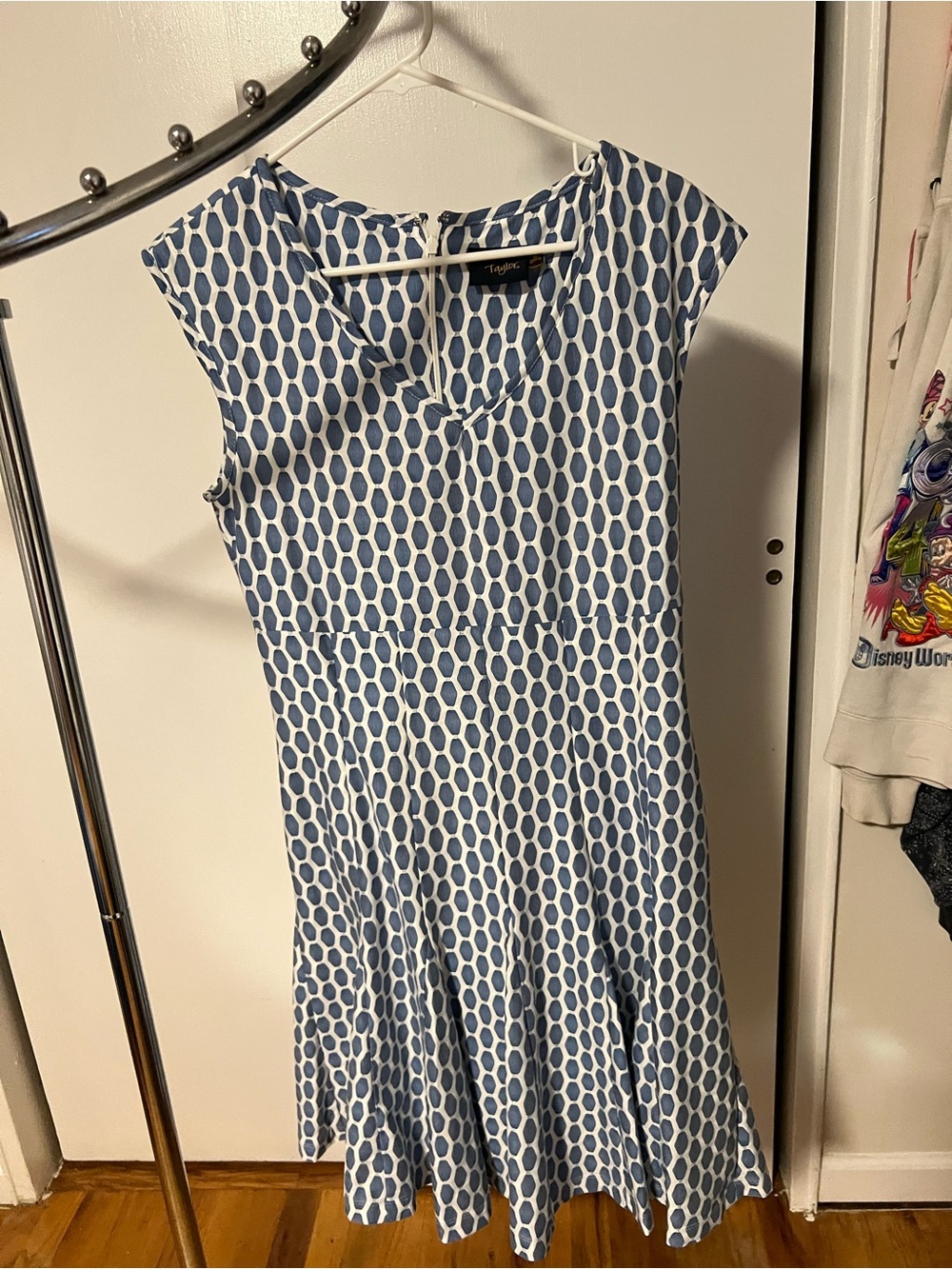 Just...Taylor Blue and White Cap-Sleeve Fit-and-Flare Dress